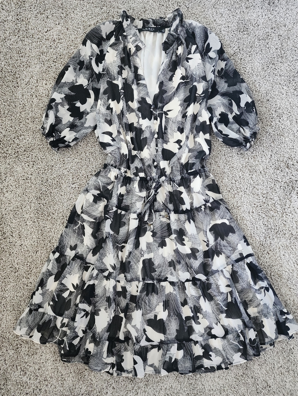 Lauren Ralph Lauren Black & White Floral Tie-Waist Midi Dress Size 4